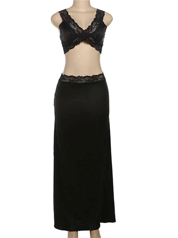 BXOXO v-Neck Summer Women 2 Piece Set Sexy Skinny Lace Patchwork Tank Tops+Long Skirts Stretch Clubwear Midnight Party Suit