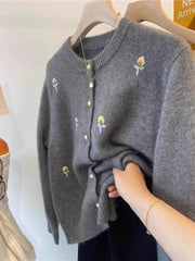 Bxoxo Flower Embroidered Knit Cardigan for Women Autumn Sweet Single Breasted O Neck Warm Sweater Korean Loose Long Sleeve Jumper
