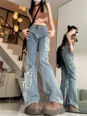 BXOXO Women's Butterfly Embroidery Pattern Micro Flared  Jeans Cool Girl Fashion Wide Leg Denim Trousers Female High Waist Pants