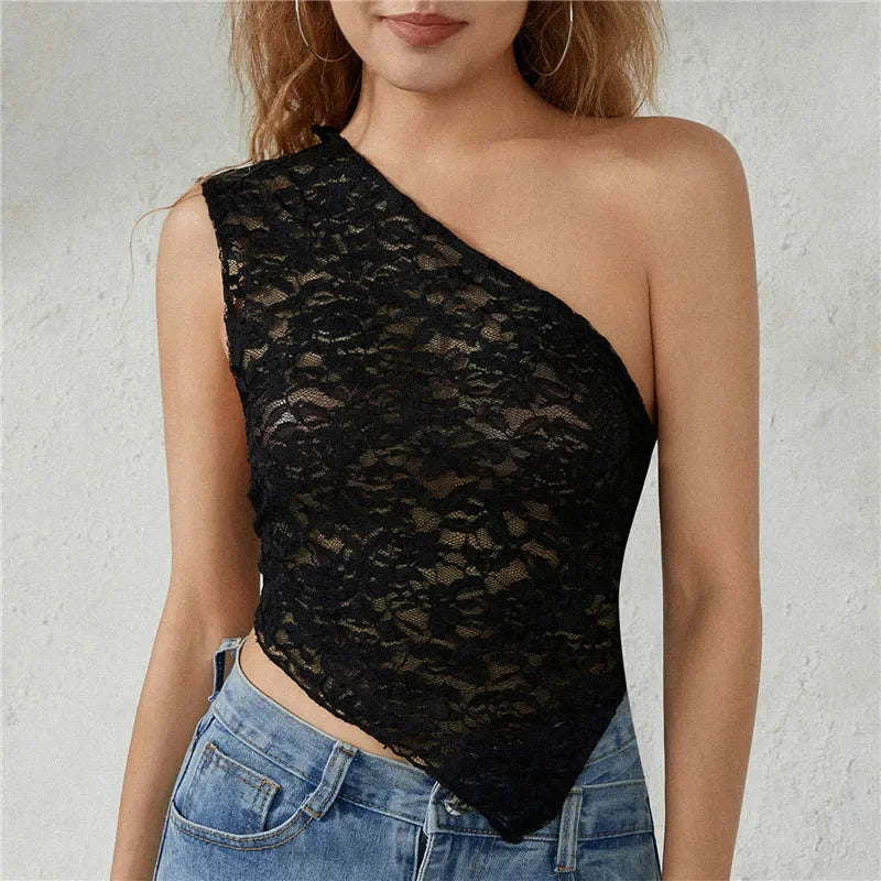 BXOXO Women Y2K Fairy Lace Cami Top Sexy One Shoulder Sleeveless Sheer Mesh Lace Cropped Tank Top Coquette Aesthetic Clothes