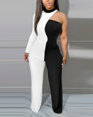 BXOXO Colorblock One Shoulder Long Sleeve Jumpsuit Sexy Skinny Jumpsuit Women Sexys Female One-pieces New Fashion Rompers