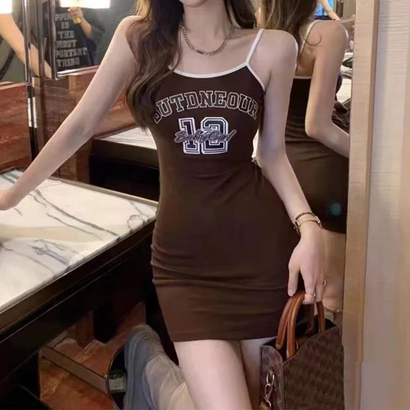 Bxoxo Women Fashion Letter Print Sexy Bodycon Dress Spaghetti Strap O-neck Slim Fit Dress Streetwear Summer 2023 One piece