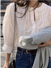 Bxoxo Flower Embroidery Blouses Lace Trim O-Neck Long Sleeve Blouse Spring Vintage Female Elegant Casual French Shirts Women Clothes