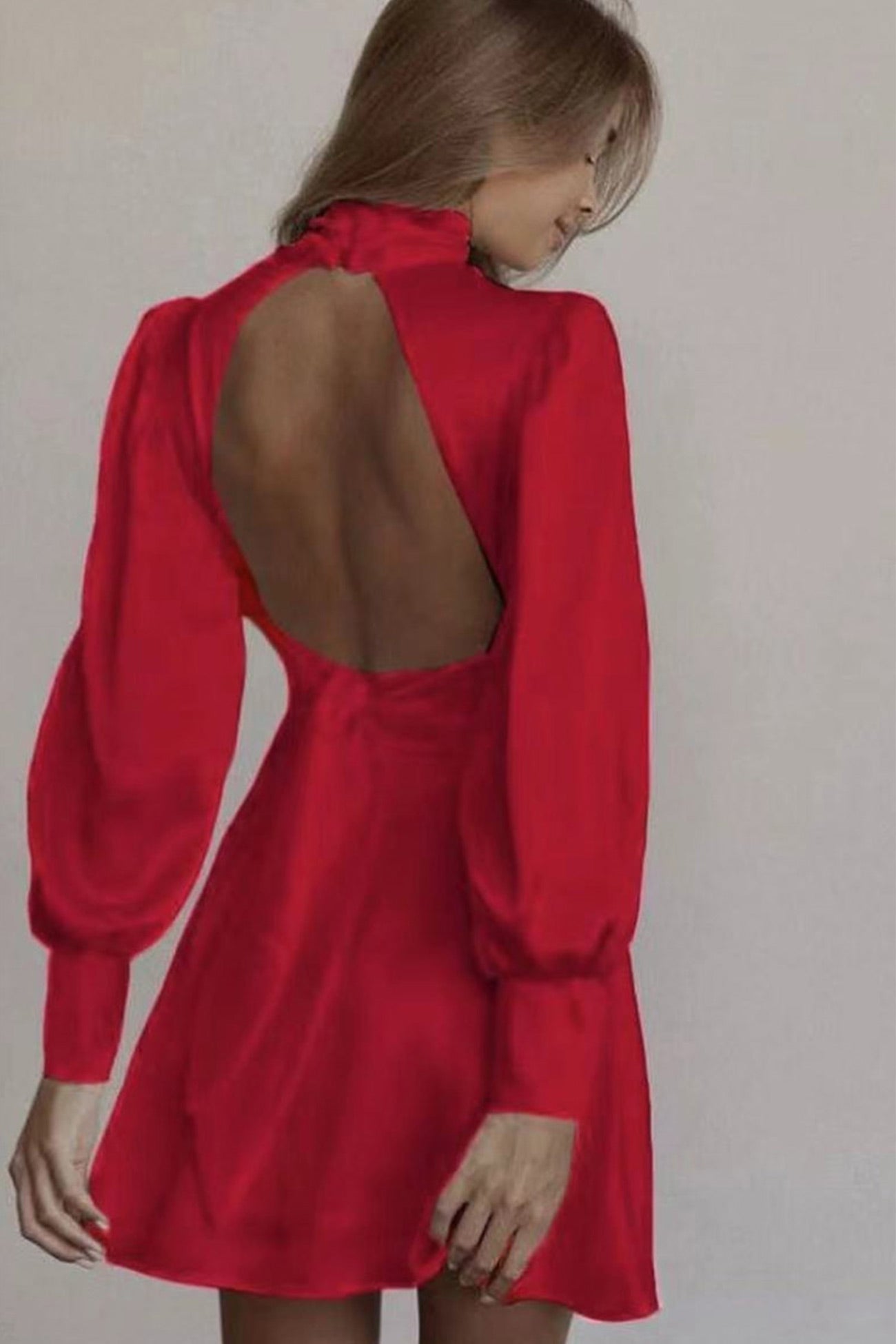 BXOXO - Satin Puff Sleeve Strappy Backless Dress