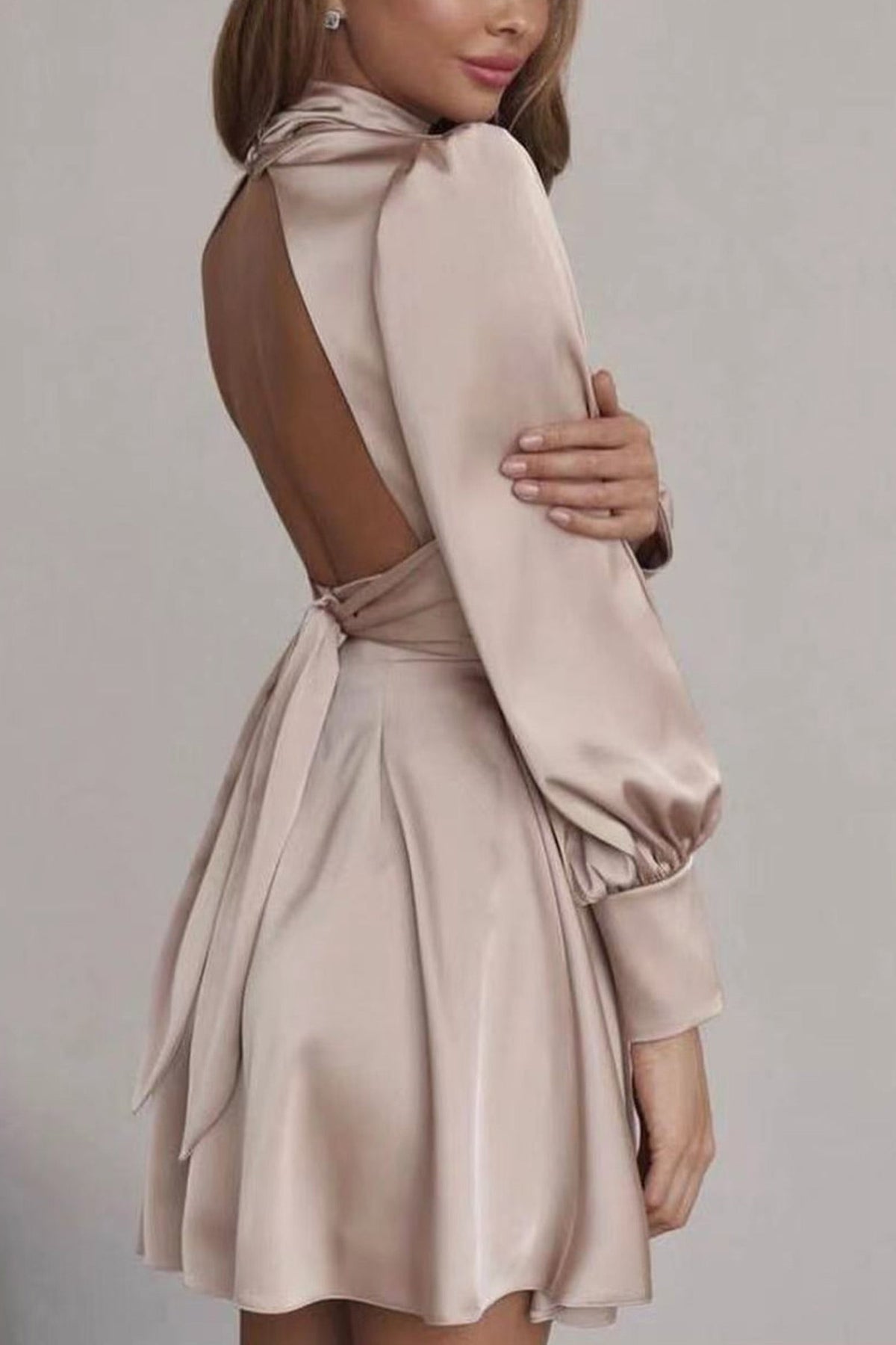 BXOXO - Satin Puff Sleeve Strappy Backless Dress