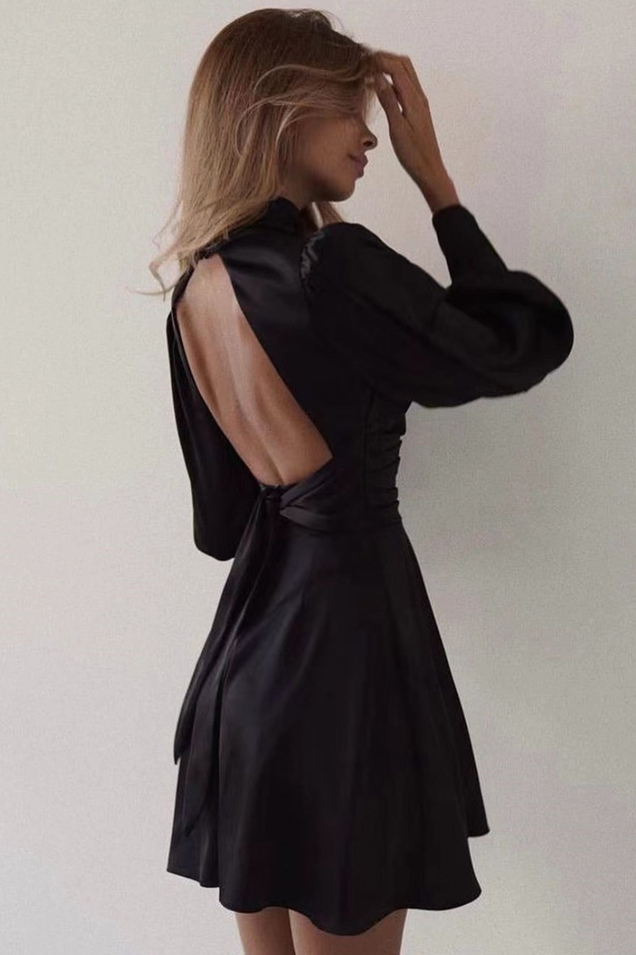 BXOXO - Satin Puff Sleeve Strappy Backless Dress