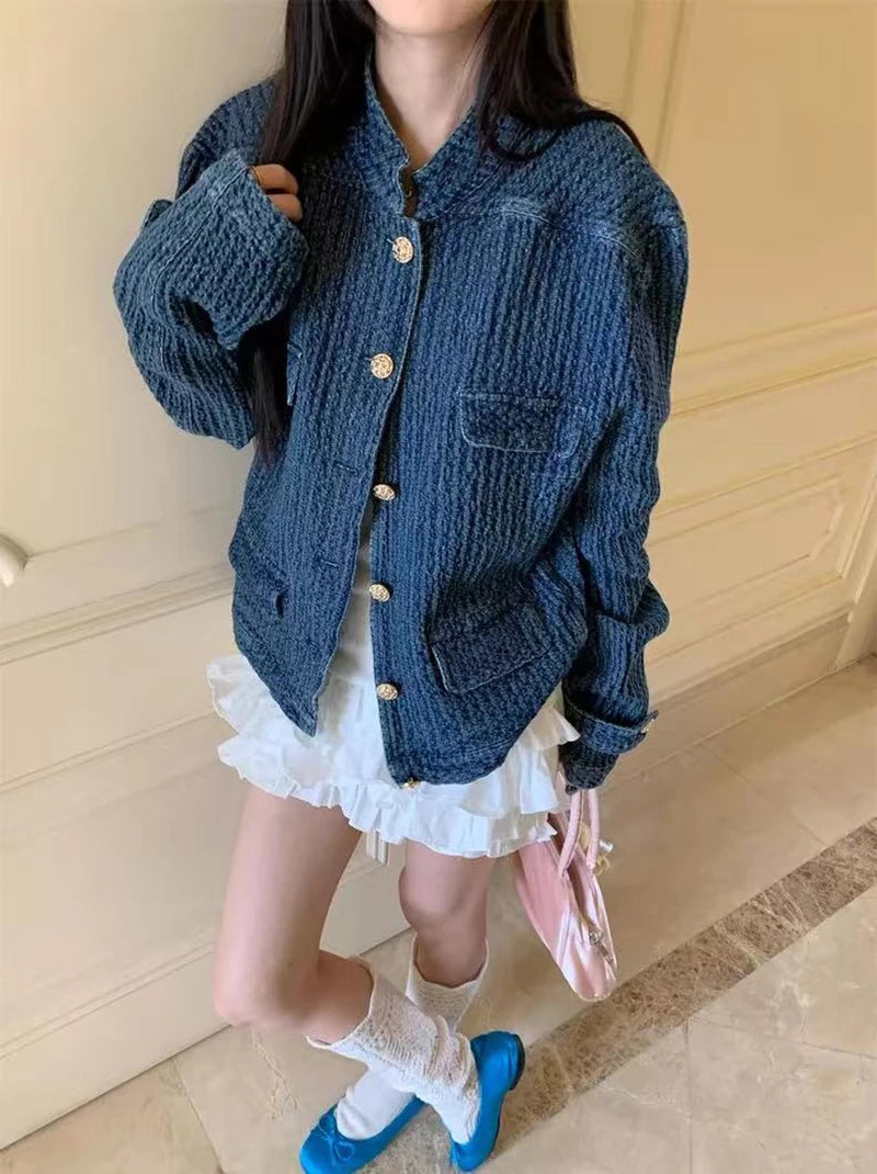 Bxoxo Vintage Stand Collar Denim Jacket Women Autumn Loose Streetwear Single Breasted Coats Y2K Korean Chic Long Sleeve Casual Outwear