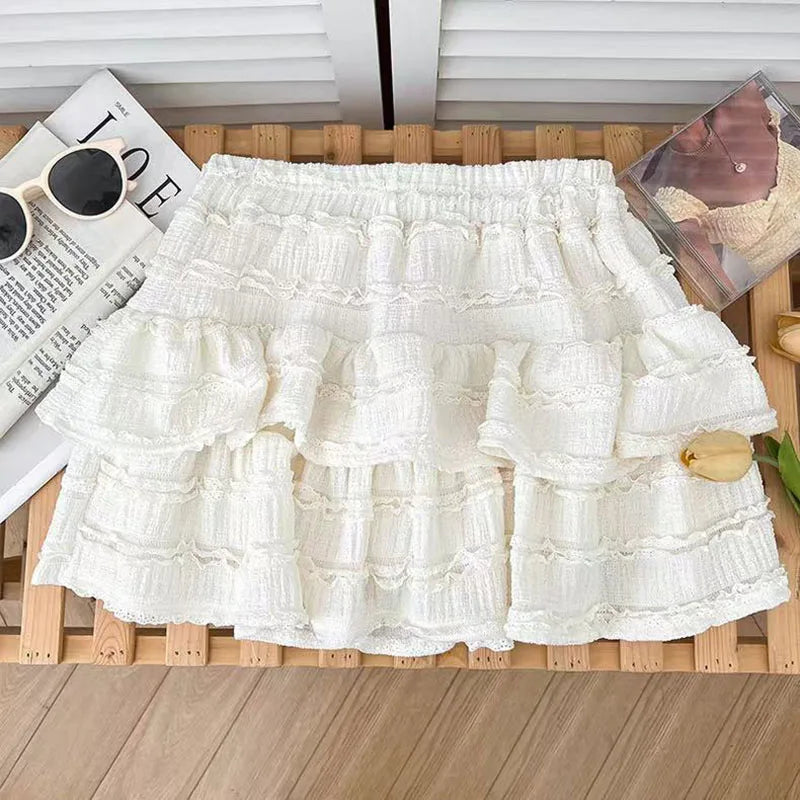 Bxoxo High Waist Ruffle Tutu Skirts Women Y2K Korean Sweet Preppy Tassel A Line Skirts Female New Lolita Cute Elastic Waist Cake Skirt