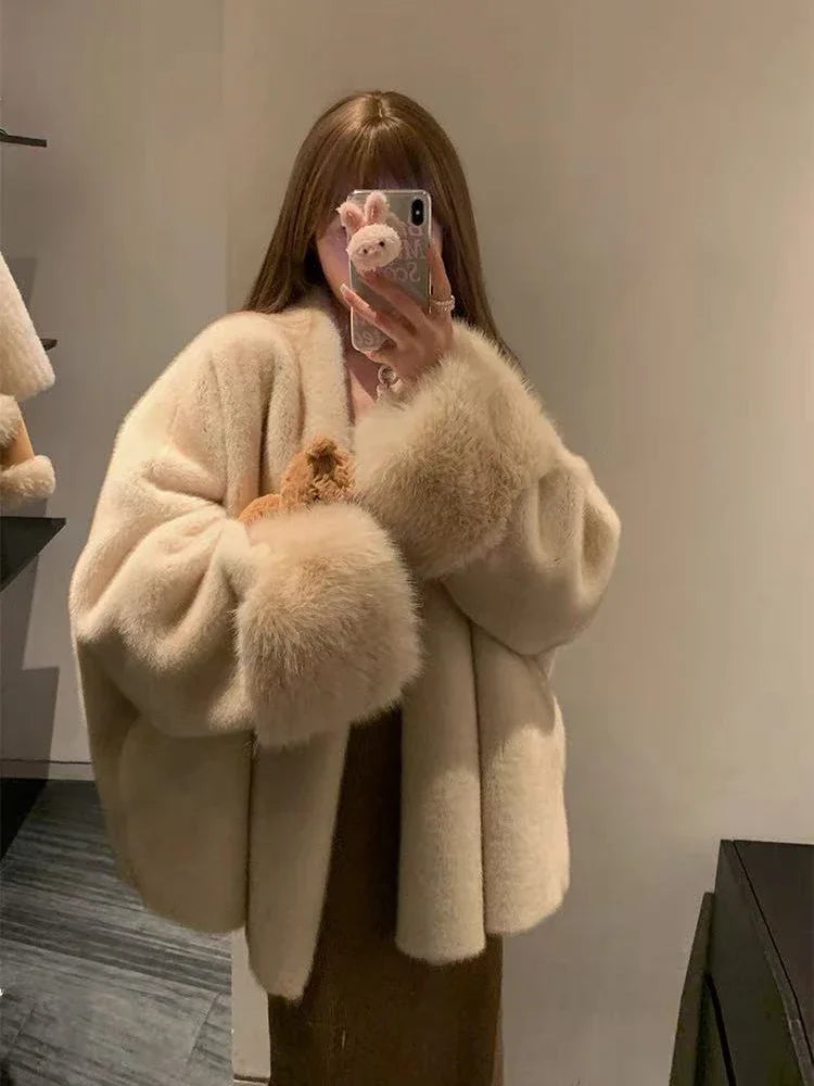 Bxoxo Faux Mink Fur Coat for Women Winter Thick Loose Hairy Casual Jacket Y2K Fashion Streetwear Long Sleeve Warm Fur Outerwear