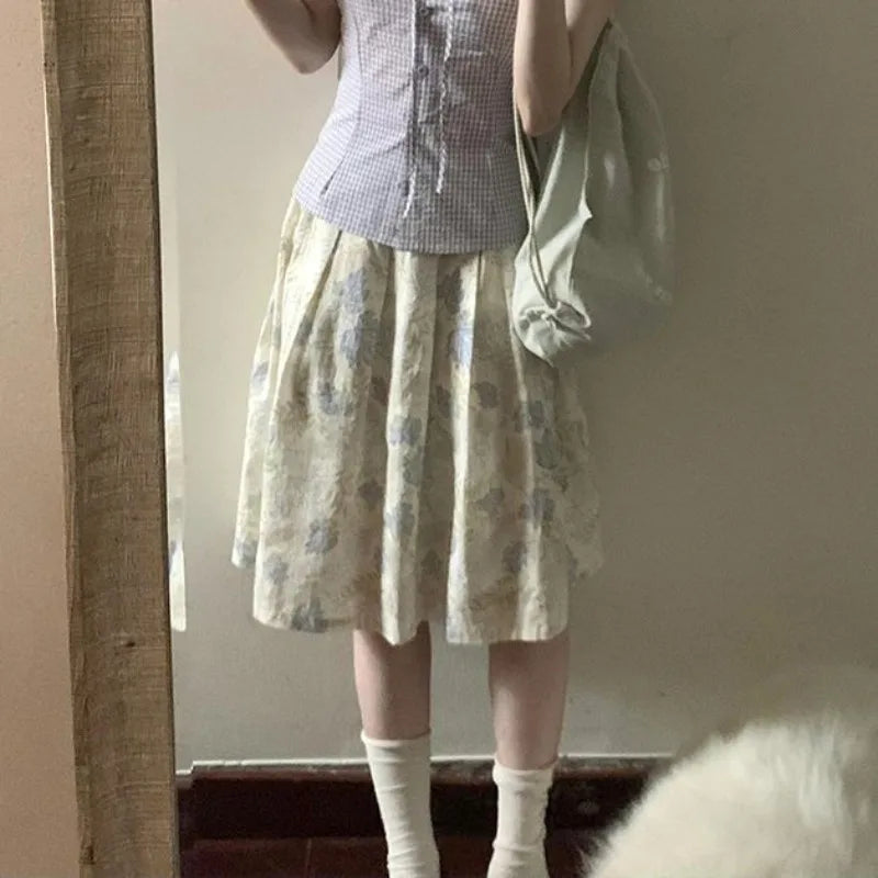 BXOXO Vintage Sweet Skirts Women Summer Fashion 2025 New Floral Printed French Style Chic Female Midi Skirt Casual Elegant