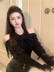 Bxoxo New Spring Fashion Off Shoulder Sweater Bottoming Top Women Big Bow Red Black Beige Knit Slim Pullover Long Sleeve Knitwear
