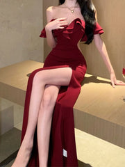 BXOXO Sexy Bodycon Long Dresses for Women Wedding Evening Party Prom Robe Ruffles Slash Neck High Split Hollow Out Summer New Vestido