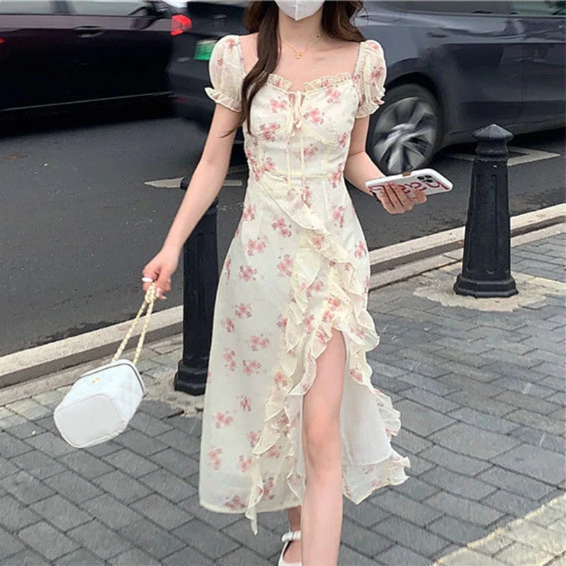 Summer New Floral Printing Ruffles Irregular Slit Dress Lady Short Sleeve Sexy Fashion Slim Bow Robe One Word Collar Vestidos