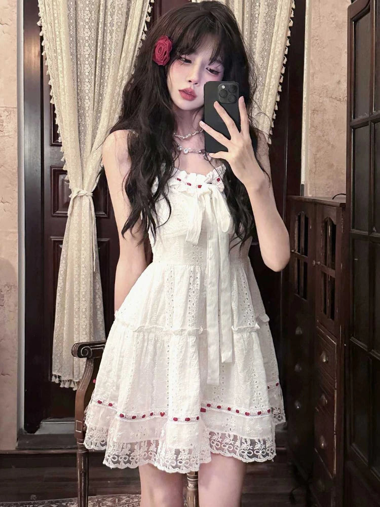 Bxoxo Sweet Lace Patchwork Camis Dress Women Sexy Spaghetti Straps Bow Dress Female Casual Cute Princess Wedding Party Dress New