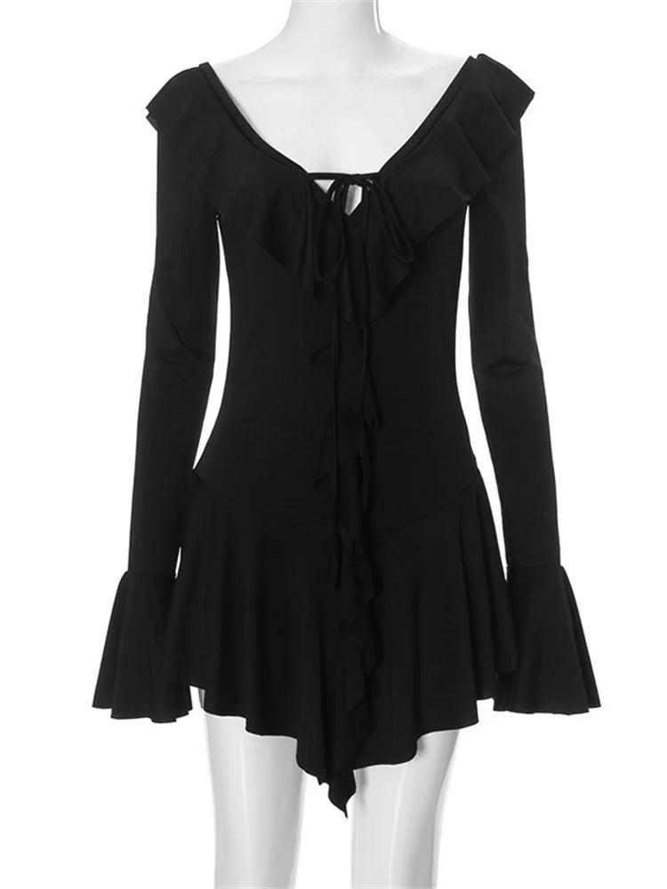 BXOXO Ruffled Lace-Up White Mini Dress Women's V-Neck Patchwork Long Sleeve Sexy Slim Dress Bandage Elegant Female Summer Dress