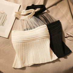 Bxoxo Mesh Halter Neck Knitted Crop Camis Women Y2K Korean Fashion Streetwear Sexy Hot Girl Knit Vest Chic Slim Pullover Tops New