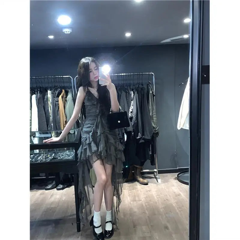 BXOXO  Japanese Sexy Dark Sleeveless V-neck Women Dresses Cascading Ruffles Asymmetrical Femme Robe Harajuku 2025 Summer Camisole Dress