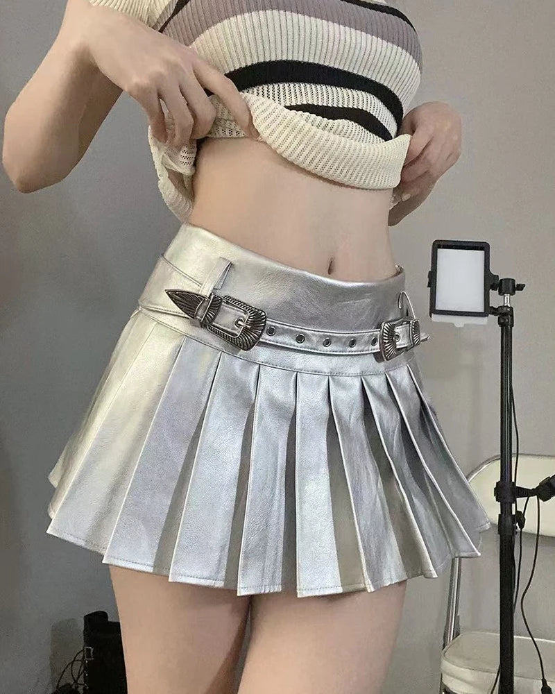 Bxoxo PU leather Pleated skirts Women Y2K High Waist With belt casual A line Punk skirts Fashion Hot Girls Night Party mini skirts