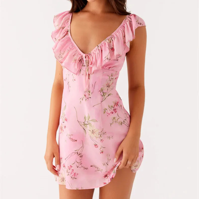 BXOXO Women Mini Dress Sleeveless V Neck Backless Tie-up Floral/Dots Summer A-line Dress for Club Party Holiday Beach Sundress