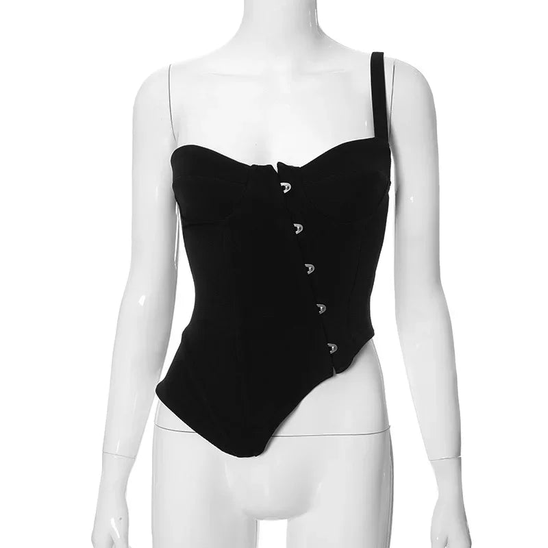 Bxoxo Fashion Women Buckle Irregular Crop Tops One Shoulder Strap Corset Tops Slim Waist  Low-cut Tanks Camis Bralette Bustiers New