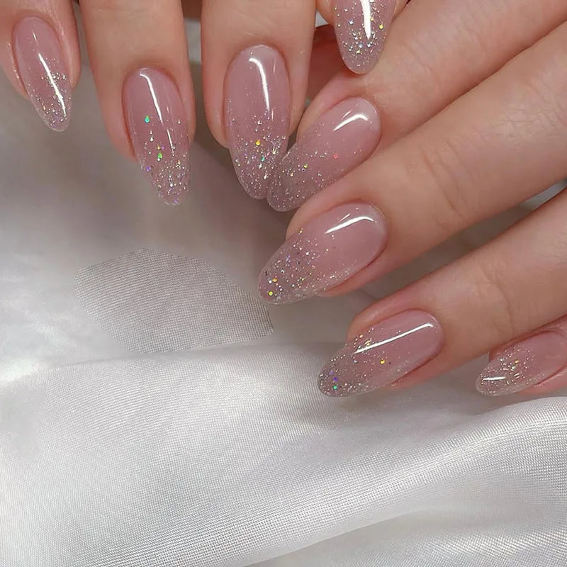 Bxoxo 24P French Oval False Nails Girls White Edge Design Nude Color Wearable Press on Nail Full Cover Short Acrylic Almond Fake Nails