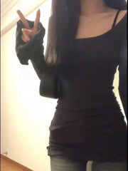 BXOXO Vintage Square Collar Fungus Tee Shirt Spring Autumn Thin Slim Fit T-shirts Y2k E-Girl Long Sleeve Bottoming Tops Women