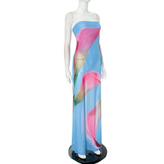 BXOXO Off Shoulder Strapless Floral Print Beach Vacation Chiffon Dress Women Summer Sleeveless Backless Maxi Long Dresses