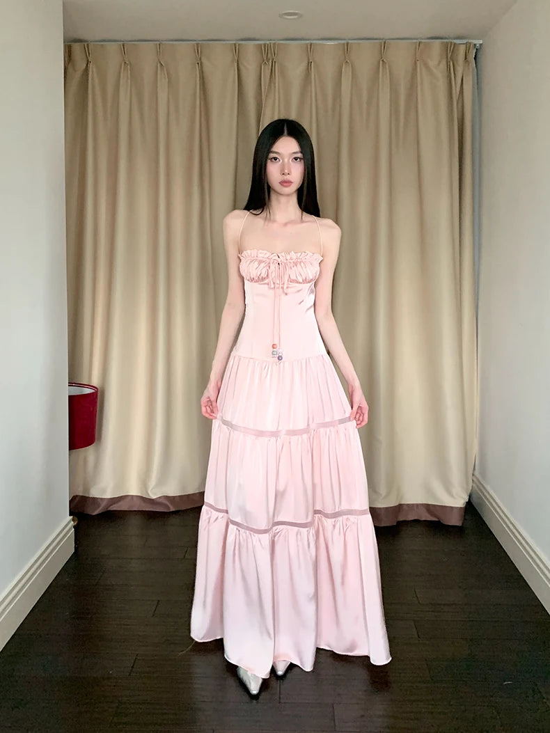 Bxoxo Pink Satin Backless Maxi Dress For Woman Shirring Beading A Line Long Tube Dress 2025 Summer Vacation Clothes