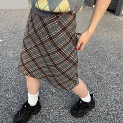 BXOXO Grey Plaid Skirts Women Autumn High Waist French Temper College A-line Skirt Faddish Simple Retro Designer Knee-length Faldas