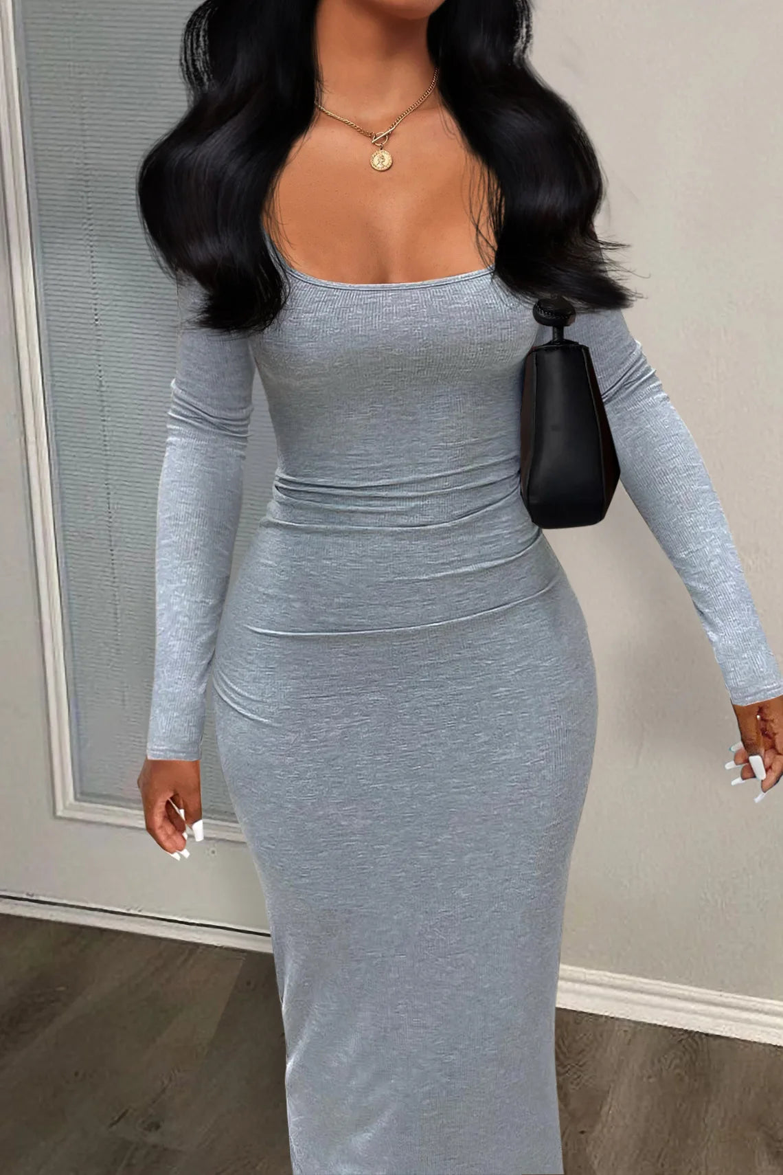 BXOXO Women Dresses Long Sleeve Sheath Square Collar Slim Fit Dress Vestidos Slight Strech Streetwear Solid Sexy Wrap Buttocks