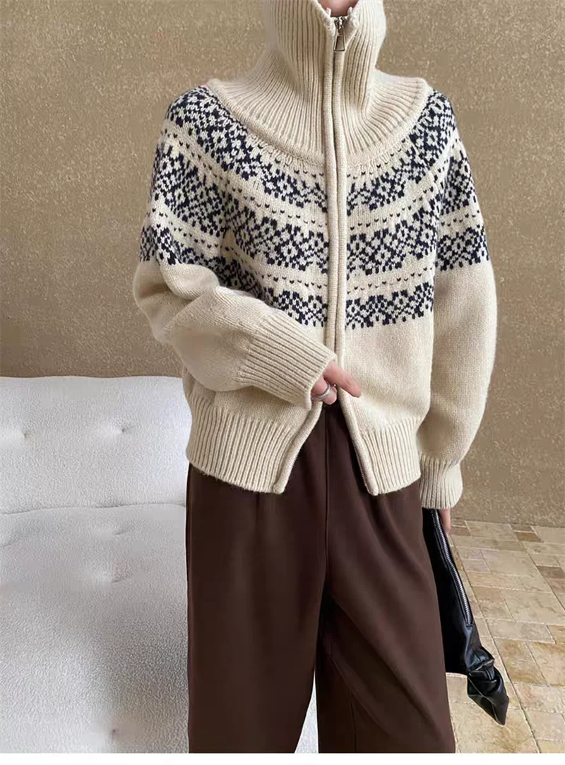 Bxoxo Women Fair Isle Sweater Zipper Front Collared Zip-up Sweater Knit Jacket Cozy Knitwear Teen-girl Fall Winter Vintage Outfit