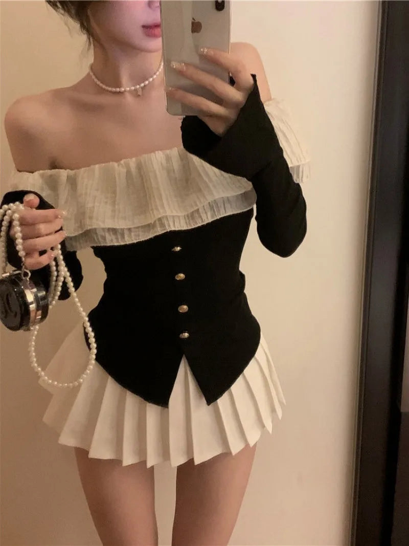 Bxoxo Women Clothing Sweet Slim Fit Flare Sleeves Top Off Shoulder Lotus Leaf Edge Black Knit T-shirt Crop  Ropa De Mujer Graphic