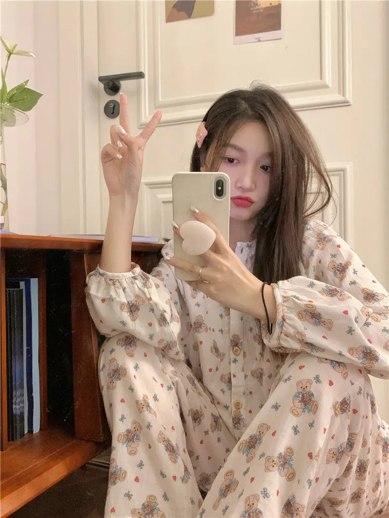 Bxoxo Women's Sweet Cute Pajamas Set Female Korean Style Home Clothing Girl Bear Foral Print Sleepwear Long Sleeve Pant Nightwear 2XL