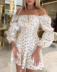 Off Shoulder Ruffle Hem Ditsy Floral Print Dress Slash Neck Long Sleeves Elegant Dresses for Women
