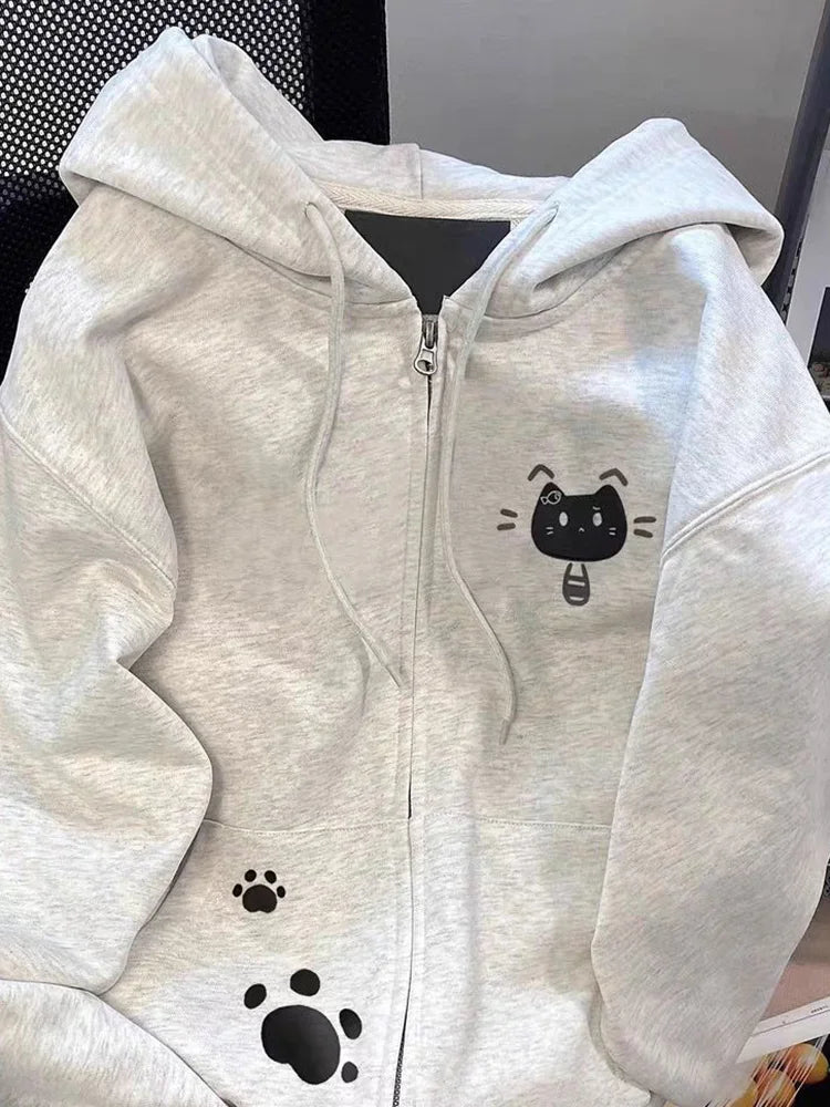 Bxoxo Cartoon Print Cute Hoodies Women Vintage Long Sleeve Loose Kawaii Sweatshirt Japan Retro Casual Pockets Female Gray Y2K Tops New