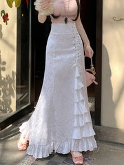 BXOXO Print Vintage Long Skirt Women Casual Ruffles England Sweet Trumpet Skirts Retro Lace Up Elegant Female Design Long Skirt