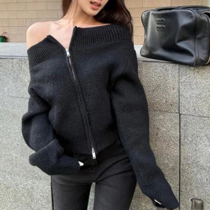 Bxoxo Women's Off-the-Shoulder Sweater Cardigan Zip Up Knitted Off Shoulder Sweater Jacket Teen-girl Fall Winter Y2K Outfit