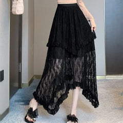 BXOXO Lace Fairycore Tulle Women Skirt Sweet Ruffle White Skirts Vintage Korean Style Streetwear Patchwork Irregular Skirt
