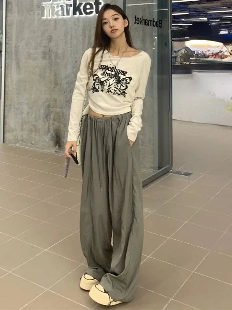 BXOXO Sexy Pleated Grunge Tee Shirts Femme Slim Fit Y2k Aesthetic Letter Print Long Sleeve Cropped Top Women Fashion All Match T-shirt