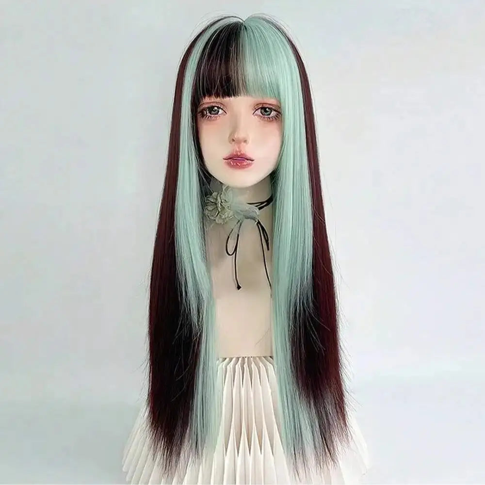 BXOXO Women Synthetic Long Straight Green Brown Layered Ombre Mix Wig Lolita Cosplay Fluffy Hair Wig for Daily Party