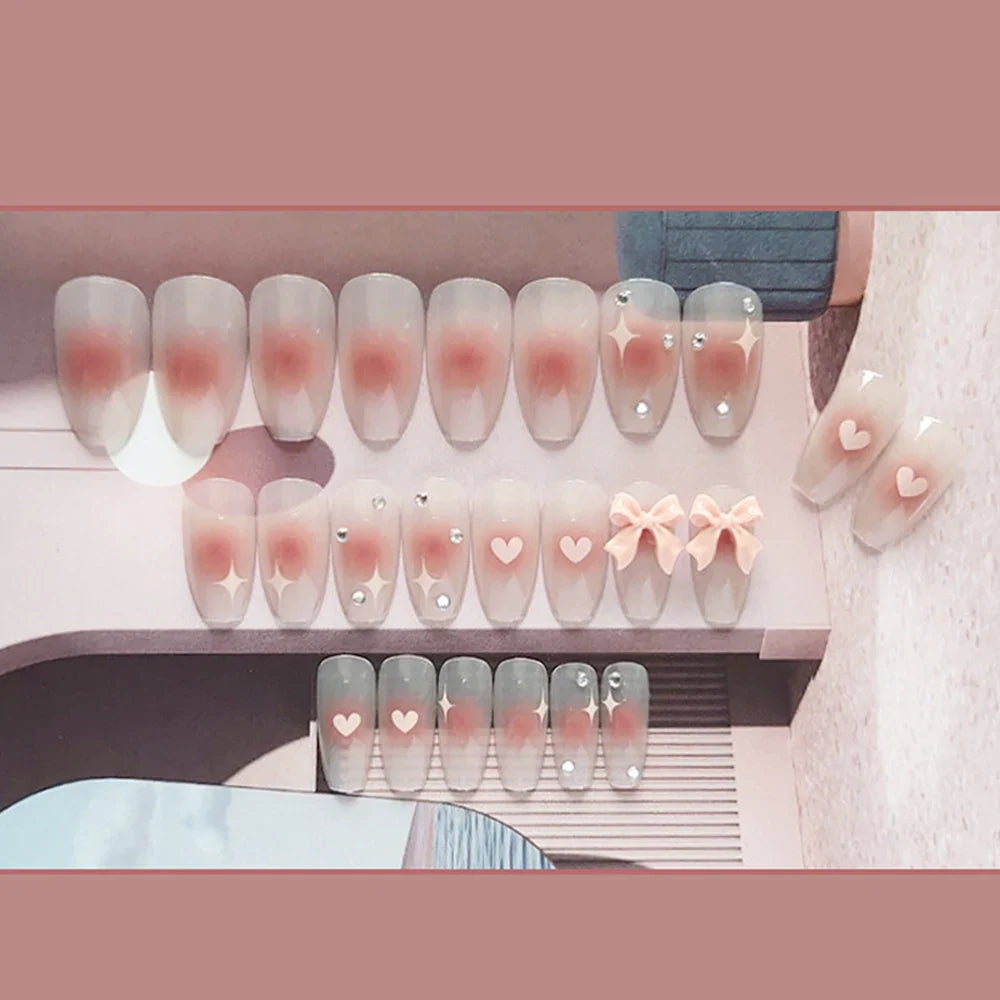 BXOXO Press On Nails Heart 24PCS Pink Bow False Nail Girls Sweet Style Save Time Medium Coffin Nail Free Shipping Full Cover Nail Tips