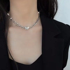 BXOXO Hip Hop Silver Color Butterfly Necklace Vintage Crystal Butterfly Thick Chain Choker Necklace For Women Rock Street Jewelry