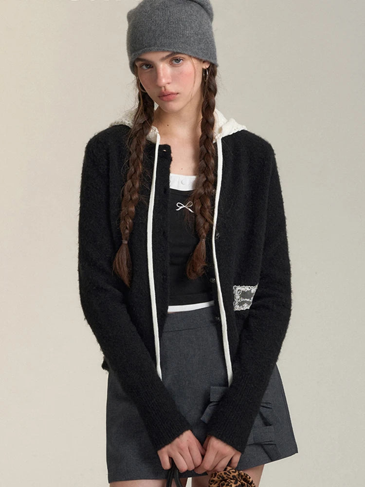 Bxoxo Vintage Streetwear Hooded Cardigan Women Long Sleeve Hollow Out Patchwork Knitted Sweaters American Retro Lace Up Lace Tops