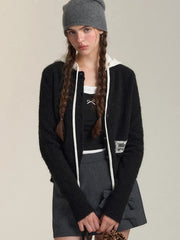 Bxoxo Vintage Streetwear Hooded Cardigan Women Long Sleeve Hollow Out Patchwork Knitted Sweaters American Retro Lace Up Lace Tops