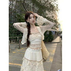 Bxoxo Sweet Style Lace Hollow out Women's Three-Piece Set Cardigan Tube Top Vest Spring Skirt Ensemble Adorable Fashion Ensemble