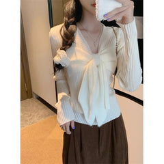 Bxoxo Korean Style Sweet Knitted Pullovers Women Elegant Kawaii Bow White Sweaters Harajuku Cute Blue Long Sleeve Jumpers