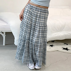Bxoxo Lady Plaid Print Loose Long Skirts Summer Vintage 2000s Elastic Low Rise A-line Skirts for Women y2k Aesthetic