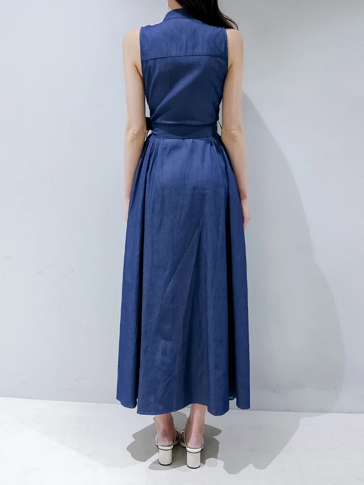 BXOXO Elegant Women Thin Denim Dress Summer Chic Korean Sleeveless A Line Long Dress Fashion Party Night Ladies Vestidos