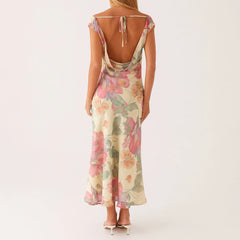 BXOXO Women's Sexy Chiffon Halter Maxi Dress Ruched Tie Dye Plunge Neck Long Dresses Semi Sheer Summer Bohemian Sundress