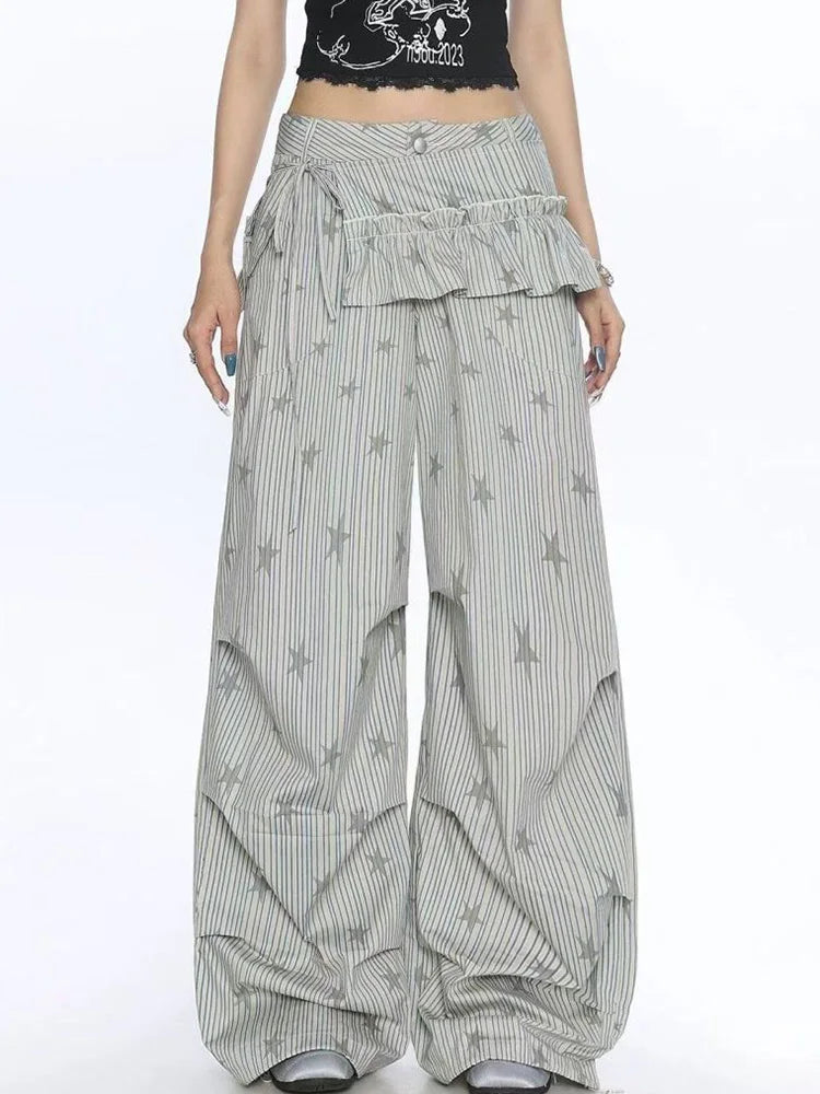 Bxoxo Stars Print Y2K Cargo Pant Women Vintage Streetwear Loose High Waist Design Trousers Hip Hop Retro American Casual Wide Leg Pant